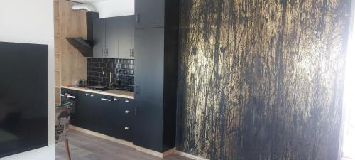 a kitchen with black cabinets and a wooden wall at Apartments BUBBLES with pool in Gevgelija