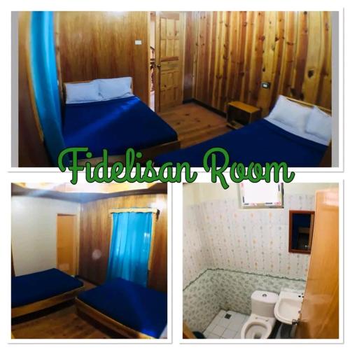 two pictures of a room with two beds and a bathroom at Mother Mary Inn in Sagada
