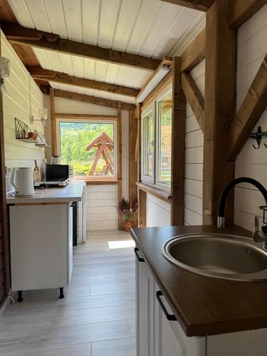 a kitchen with a large sink in a tiny house at Гражда Лофт для двох в Карпатах in Krivorovnya