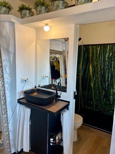 a bathroom with a sink and a large mirror at Casa Halcón in Jávea