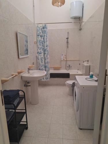 a bathroom with a toilet sink and a washing machine at Appartement dans le centre historique in Alliste