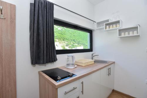a small kitchen with a sink and a window at Apartments Jadranski Biser in Čanj