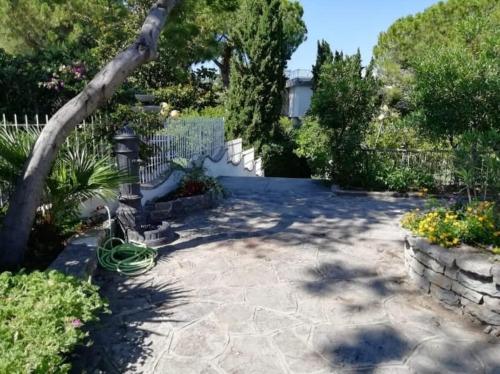 a garden with a bench and some bushes and trees at Villa Stefania in Stazione di Paestum