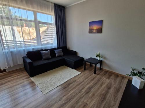 a living room with a black couch and a window at SunCoast terrace apartment in Saulkrasti