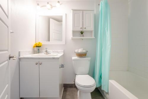 モントリオールにあるCozy 1BR on Rene-Levesqueのトイレ、洗面台、シャワー付きのバスルーム