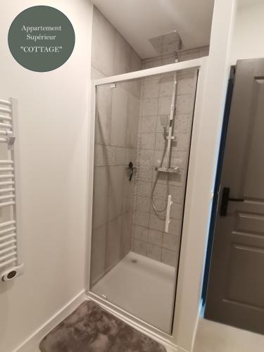a shower with a glass door in a bathroom at Les Bras de Morphée in Avize