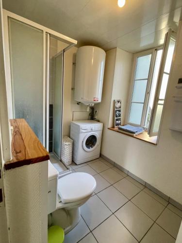 La salle de bains est pourvue de toilettes et d'un lave-linge. dans l'établissement M2 Parking Wifi 1 à 3 pers 1 chambre, 1 lit de 180 ou 2 de 90, 1 canapé 120, à Imphy