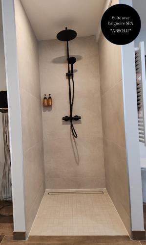 a shower in a room with a tile floor at Les Bras de Morphée in Avize