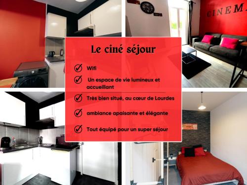 a collage of photos of a kitchen and a room with a sign at Le séjour ciné-Proche du centre-wifi-parking in Lourdes