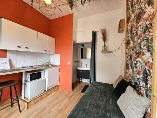 Il comprend une cuisine aux murs orange et un salon. dans l'établissement Le studio Naturel, à Hénin-Beaumont