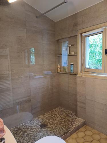une salle de bain avec une douche avec une porte vitrée dans l'établissement Le Mazet du Lapin Rouge, à Figanières