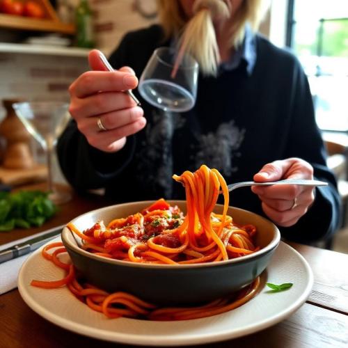 a woman eating a bowl of spaghetti with a glass of wine at Turismo Associativo Giovanile asd bidrino in Borgofranco dʼIvrea