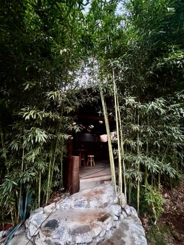 an archway with a table in the middle of trees at Cantinhos da Mata Suítes Rústicas de Luxo Serra do Cipó MG in Serra do Cipo
