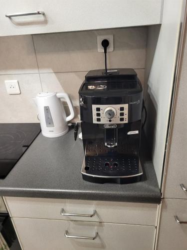 a coffee maker sitting on a counter in a kitchen at Le regard sur le lac in Saint-Gingolph