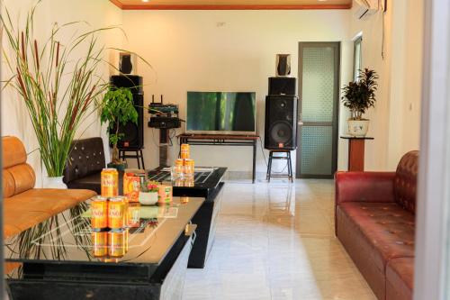 a living room with a couch and a tv at Heartfelt Hideaway in Vũ Lâm