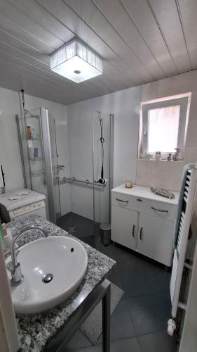 a white bathroom with a sink and a shower at Auszeit in Hasselborn in Waldsolms