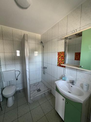 a bathroom with a toilet and a shower and a sink at Vila Matei in Techirghiol