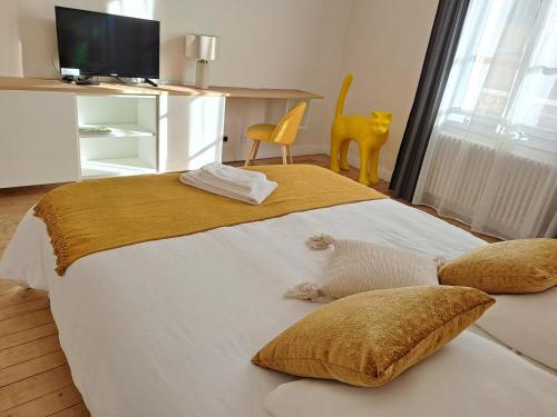 a bedroom with a large bed with pillows and a tv at L'Angély - Chambres d'Hôtes in Niort