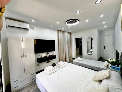 a bedroom with two beds and a flat screen tv at AP Rooms in Almorox