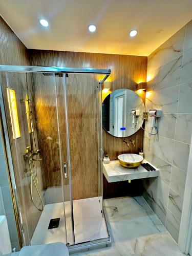 a bathroom with a shower and a sink at AP Rooms in Almorox