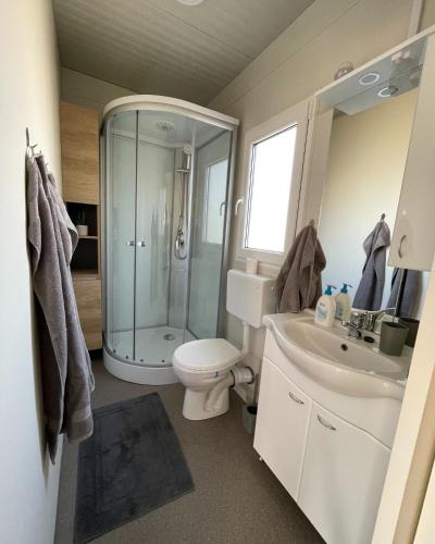 a bathroom with a shower and a toilet and a sink at BARKA House Pakoštane in Pakoštane