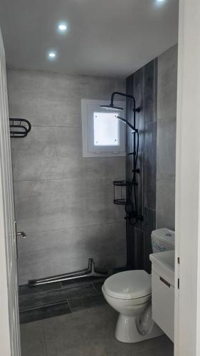 a bathroom with a toilet and a window at Glapsides Sea Villa in Famagusta