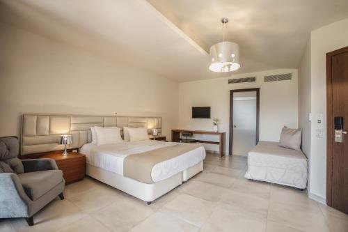 a bedroom with a bed and a couch and a chair at Electra Hotel in Stavros