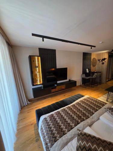 a bedroom with a bed and a flat screen tv at Apartman D346 Aparthotel Vučko in Jahorina