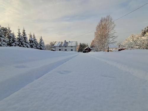 a pile of snow in front of a house at Rooms in a big wooden home, kotimajoitus, homestay in Muonio