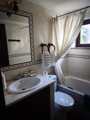 a bathroom with a sink and a toilet and a mirror at Quinta do Xarrama in Évora