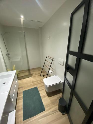 a bathroom with a shower and a toilet and a sink at Apartament Hana in Golem