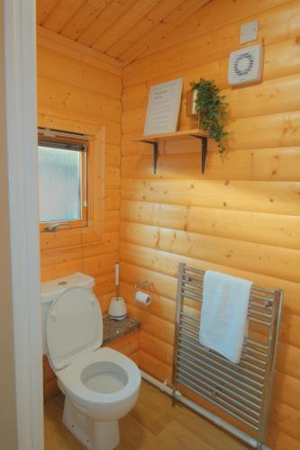 a bathroom with a toilet in a log cabin at Countryside Log Cabin in Luton