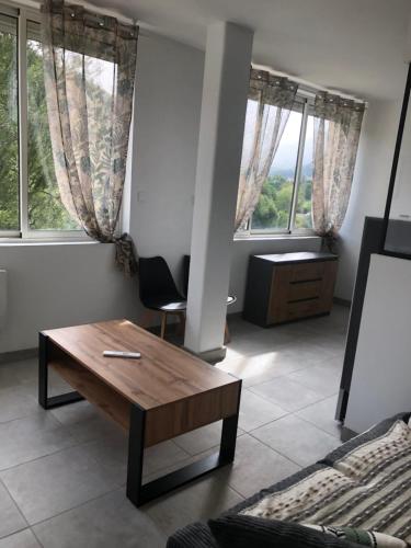 a living room with a coffee table and two windows at appt 10 couchages tt confort appt 3 in Laveissière