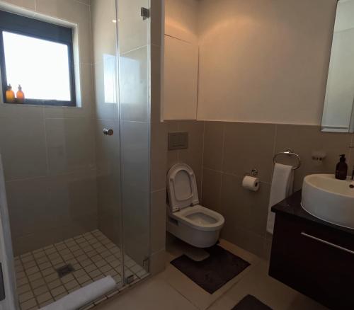 a bathroom with a shower with a toilet and a sink at Beachfront Penthouse with patio and free parking in Cape Town