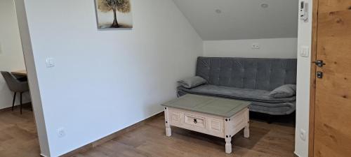 a living room with a gray couch and a table at Apartmaji Božiček in Podčetrtek