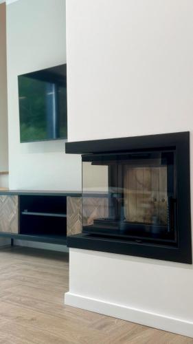 a fireplace in a living room with a white wall at Leśne Sny - Kretowiny in Kretowiny