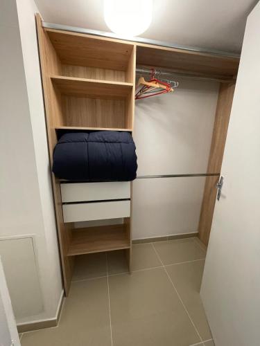 a walk in closet with a blue pillow in it at Kerkado in Ploumilliau