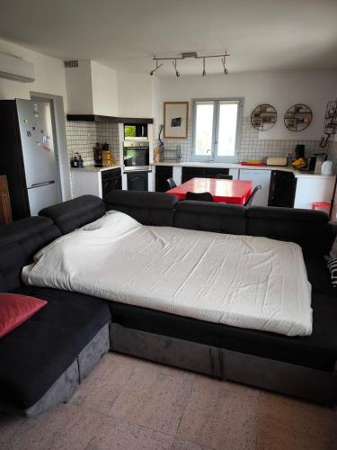 a large bed in a living room with a couch at Sud Bastia 50 m2 privé avec jacuzzi et piscine in Monte