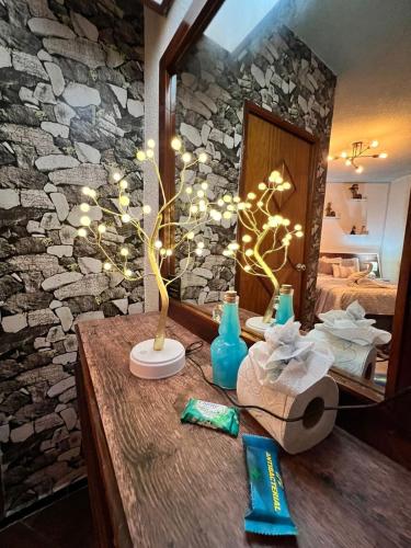 a bathroom with a table with a tree and a mirror at Hotel Diamantes Orizaba Boutique in Orizaba