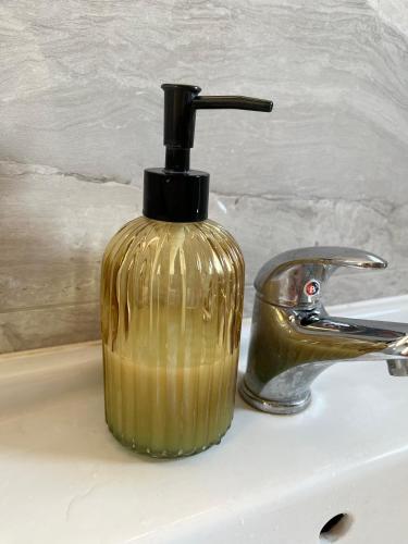 a gold soap dispenser sitting on top of a sink at Airport Art Villa in Surčin