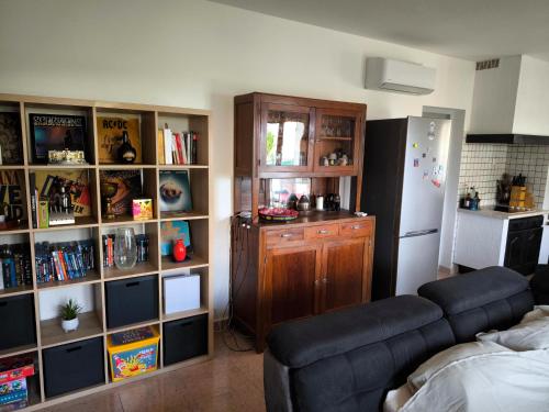 a living room with a couch and a book shelf at Sud Bastia 50 m2 privé avec jacuzzi et piscine in Monte