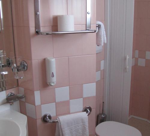 een roze badkamer met een toilet en een wastafel bij Hotel Lanterna in Porto San Giorgio