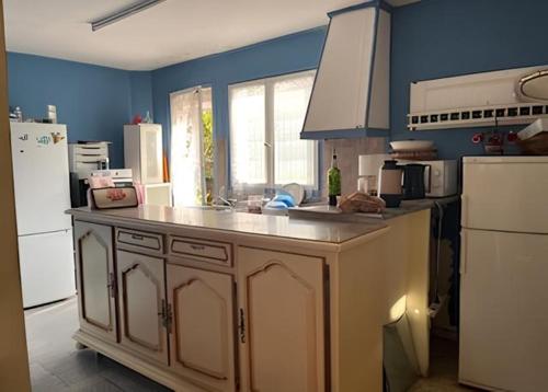 une cuisine avec des murs bleus et un comptoir. dans l'établissement L'OASIS 1 personne nature relax calme central, chambre privée lit double en rez de chaussée sur jardin, parties communes partagées maison extérieur, chez l'habitant Chambres d'hôtes Maison Fi, à La Celle-sous-Gouzon