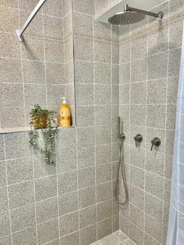 a bathroom with a shower with a shower head at Beautiful studio on Tel Aviv beach in Tel Aviv