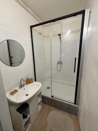 une salle de bain avec une douche, un lavabo et un miroir dans l'établissement Charmant studio intra-muros, à Avignon