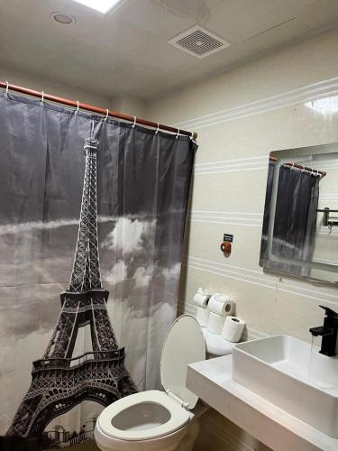 a bathroom with a toilet and a eiffel tower shower curtain at Enjoy Hotel in Caye Caulker