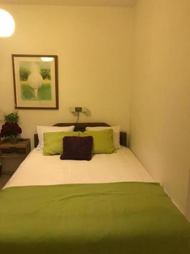 a bedroom with a bed with green and white pillows at Villa ALEA in Dobra Voda