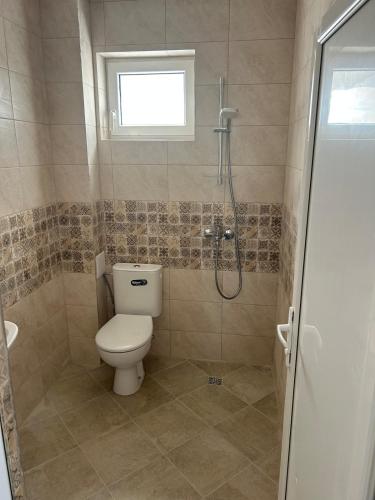 a bathroom with a toilet and a shower at Vila Nikalas in Tyulenovo