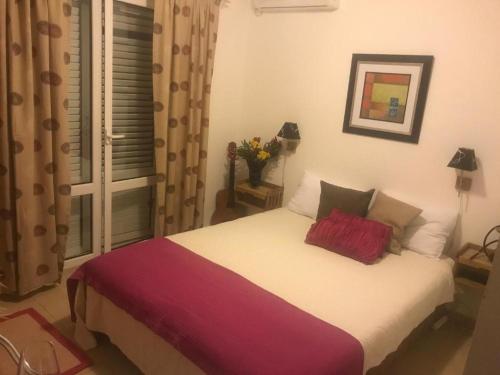 a bedroom with a large white bed with red pillows at Villa ALEA in Dobra Voda