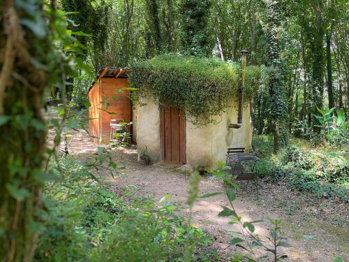 a small house with a wooden door in the woods at Associação Quinta das Relvas in Branca